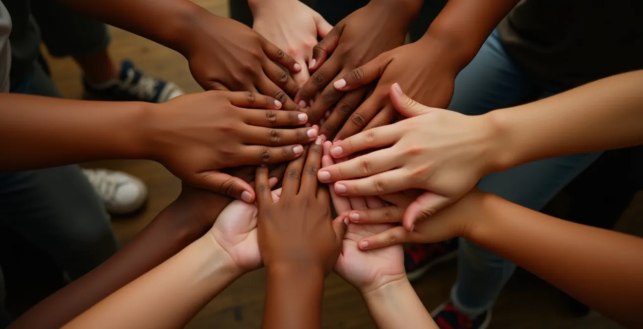 Mains d'enfants formant un cercle de solidarité avant d'entrer sur scène
