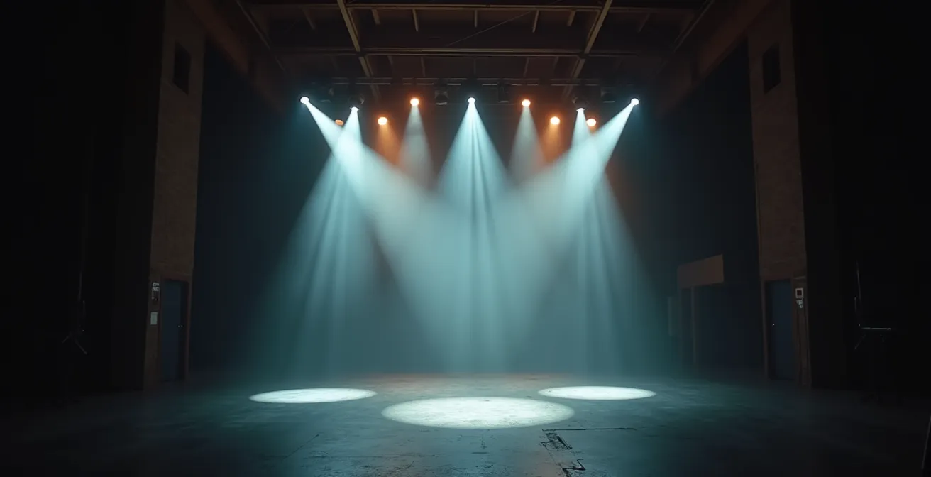 Vue en contre-plongée de projecteurs de théâtre créant des faisceaux lumineux colorés