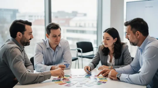 Professionnels adultes en formation ludopédagogie autour d'un jeu de cartes pédagogique