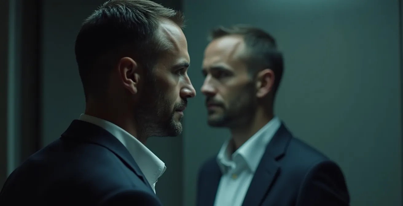 Un homme en costume regarde son reflet qui projette une posture plus assurée et charismatique, illustrant la transformation par le rôle.