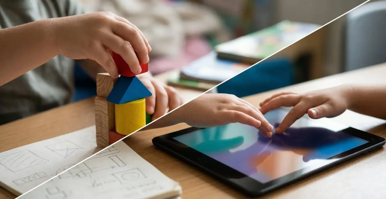 Enfants alternant entre manipulation d'objets réels et utilisation de tablette