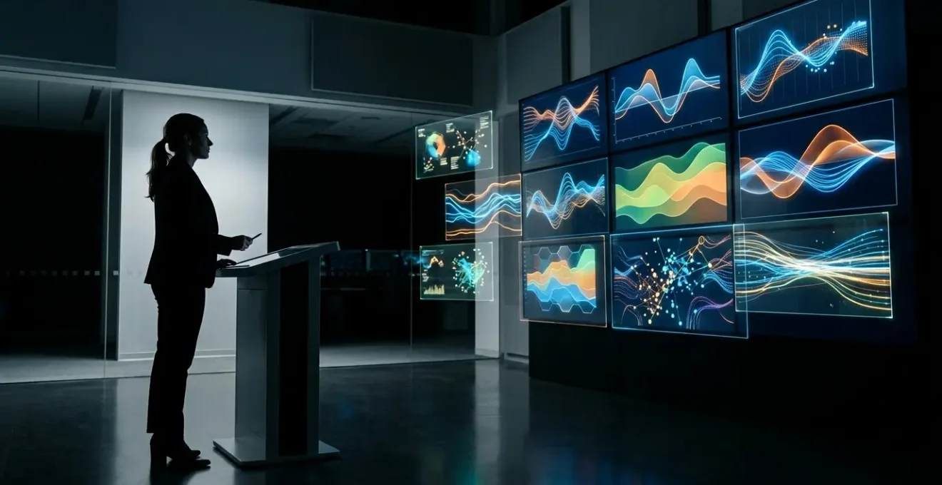 Dashboard intelligent d'analyse prédictive affichant des indicateurs de risque de décrochage dans une salle de contrôle moderne