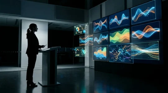 Dashboard intelligent d'analyse prédictive affichant des indicateurs de risque de décrochage dans une salle de contrôle moderne