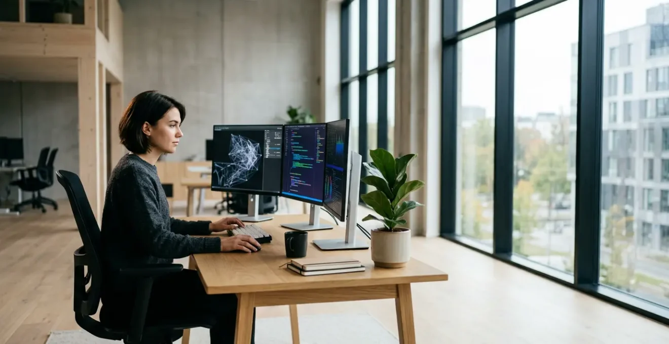 Personne concentrée devant des écrans multiples montrant du code et des graphiques de progression dans un espace de travail moderne