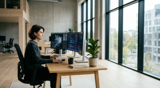 Personne concentrée devant des écrans multiples montrant du code et des graphiques de progression dans un espace de travail moderne