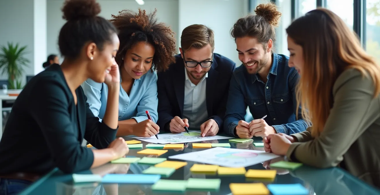 Groupe de professionnels en atelier de co-création collectant des scénarios authentiques