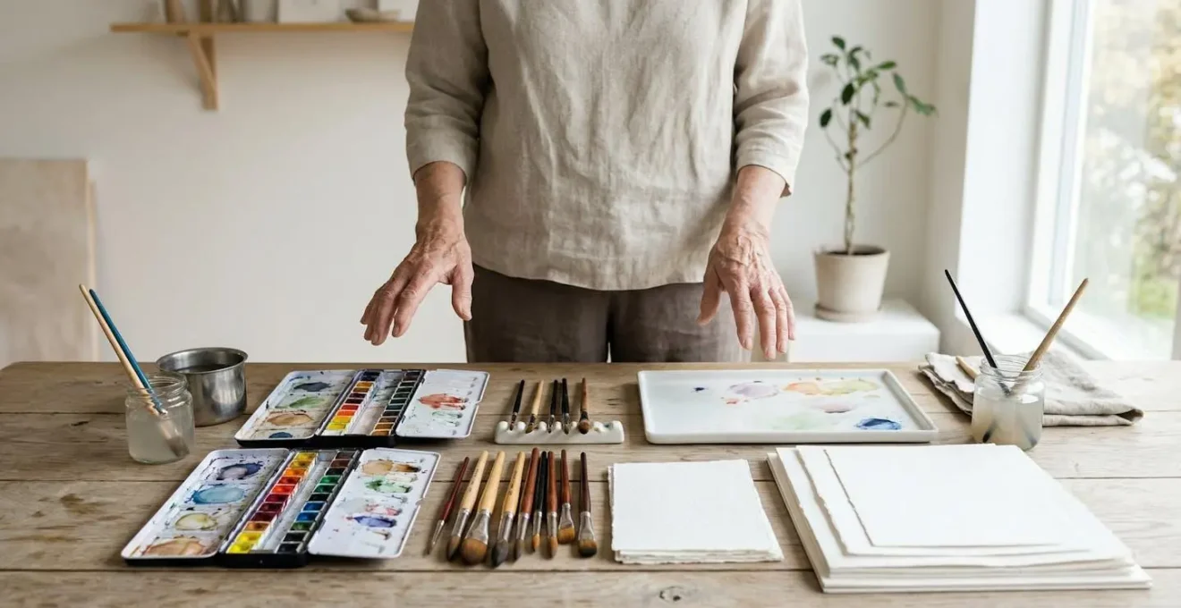 Atelier créatif montrant un adulte âgé choisissant parmi différents matériaux artistiques disposés sur une table