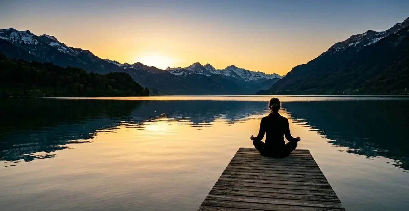 Personne en méditation face à un lac calme au coucher du soleil représentant l'équilibre émotionnel intérieur