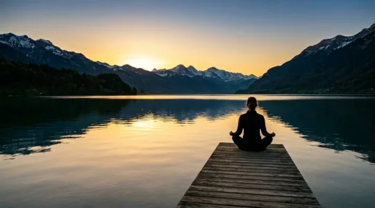 Personne en méditation face à un lac calme au coucher du soleil représentant l'équilibre émotionnel intérieur