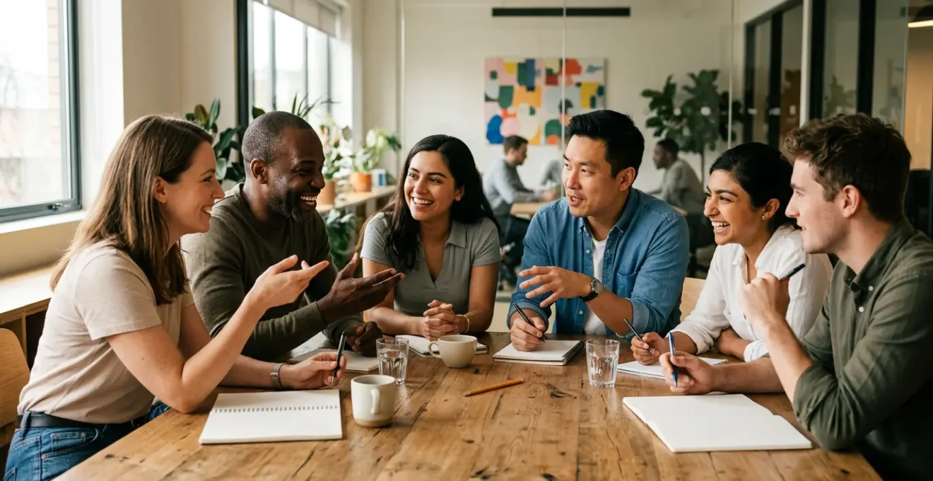 Équipe créative en pleine séance de brainstorming dans un espace moderne