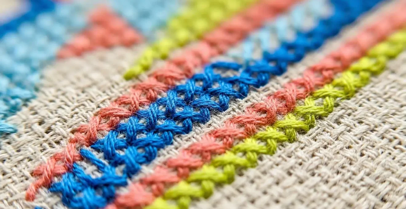 Détail macro d'une broderie moderne aux couleurs vibrantes sur toile