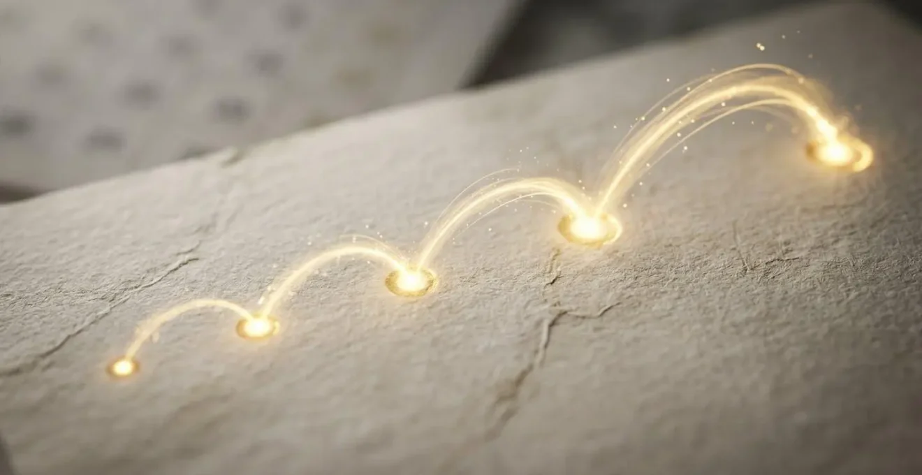 Représentation visuelle d'un calendrier de révision avec intervalles croissants marqués par des points lumineux