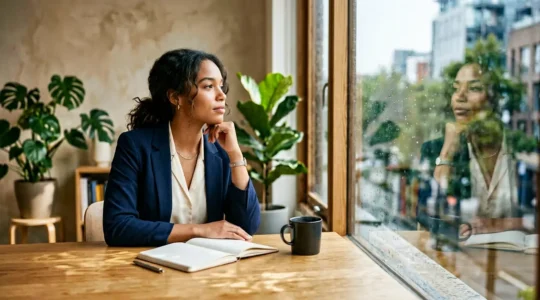 Candidat en pleine préparation d'entretien dans un espace de travail apaisant