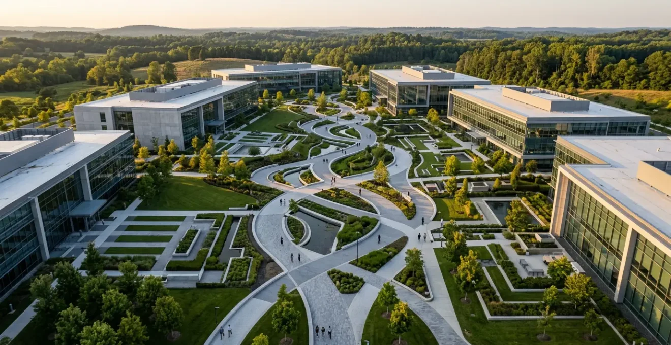 Vue aérienne d'un réseau complexe de chemins interconnectés dans un jardin moderne, symbolisant les parcours de compétences et la mobilité interne
