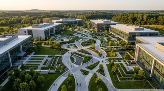 Vue aérienne d'un réseau complexe de chemins interconnectés dans un jardin moderne, symbolisant les parcours de compétences et la mobilité interne