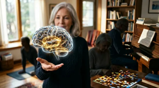 Cerveau humain lumineux avec connexions neuronales visibles et personnes actives en arrière-plan