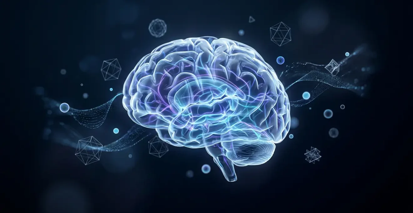 Vue d'ensemble d'un cerveau humain en connexion avec des éléments vidéoludiques abstraits