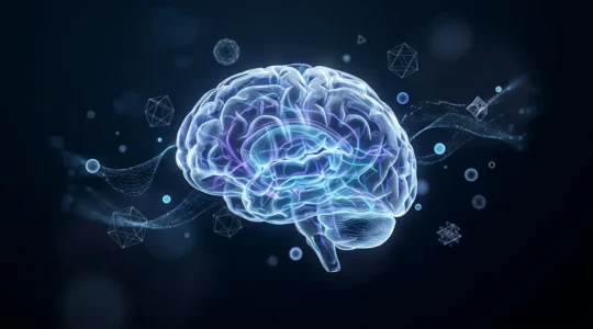 Vue d'ensemble d'un cerveau humain en connexion avec des éléments vidéoludiques abstraits