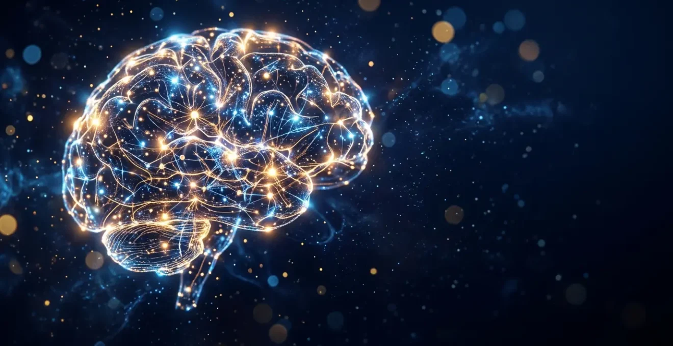 Réseau de connexions neuronales lumineuses formant un cerveau humain stylisé dans un espace sombre, symbolisant la transformation de l'information en mémoire durable