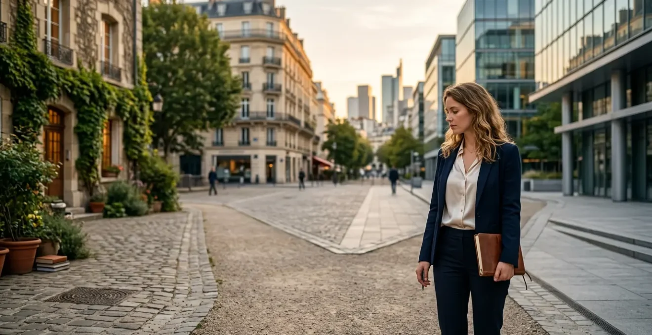Jeune alternant réfléchissant entre deux chemins représentant les contrats d'apprentissage et de professionnalisation