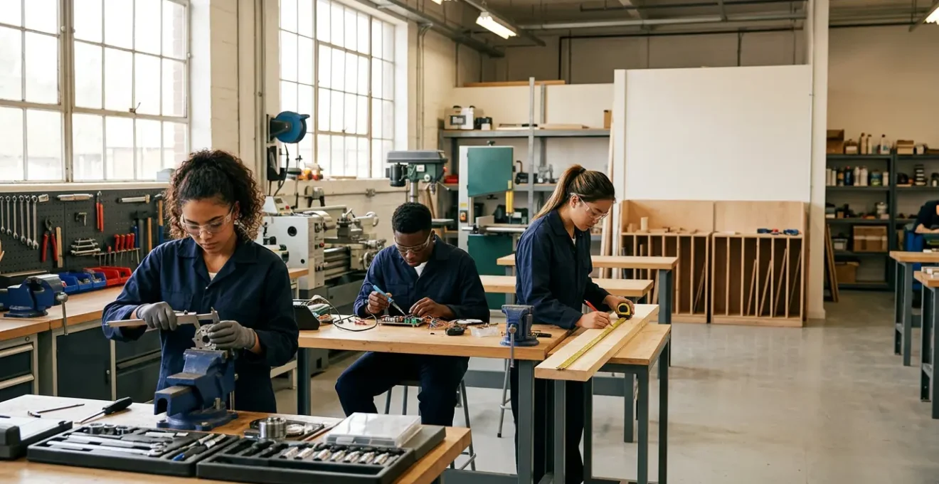 Jeunes apprentis en formation technique dans un atelier moderne avec équipements professionnels
