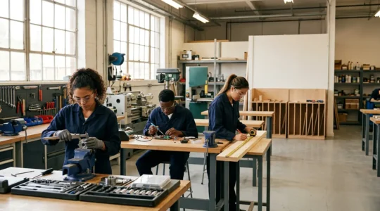 Jeunes apprentis en formation technique dans un atelier moderne avec équipements professionnels