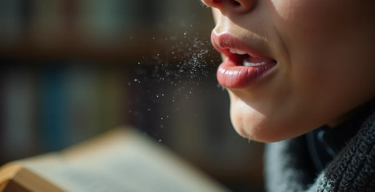 Gros plan sur une bouche en train de parler, symbolisant la conversation réelle, avec un manuel scolaire flou en arrière-plan.