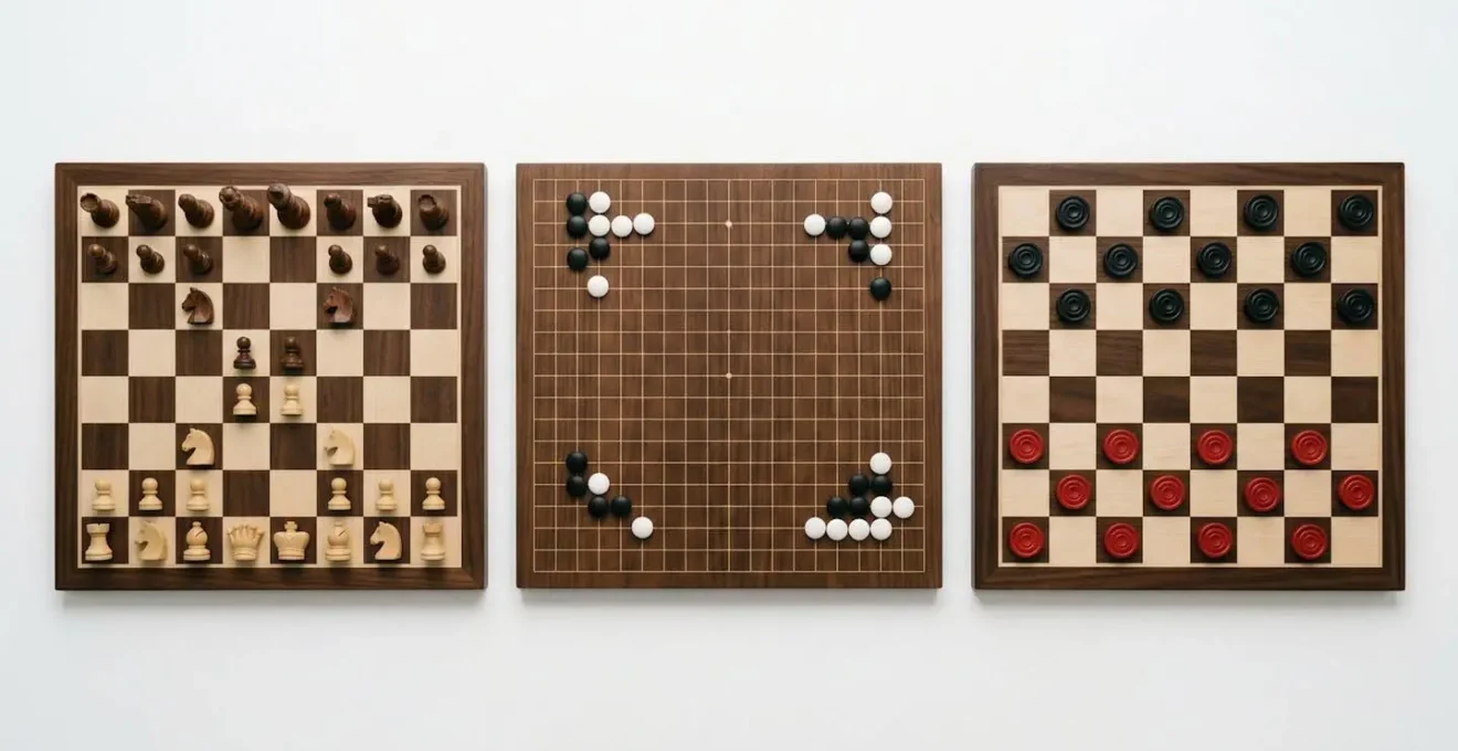 Vue aérienne de trois plateaux de jeu montrant les positions d'ouverture caractéristiques des échecs, du go et des dames