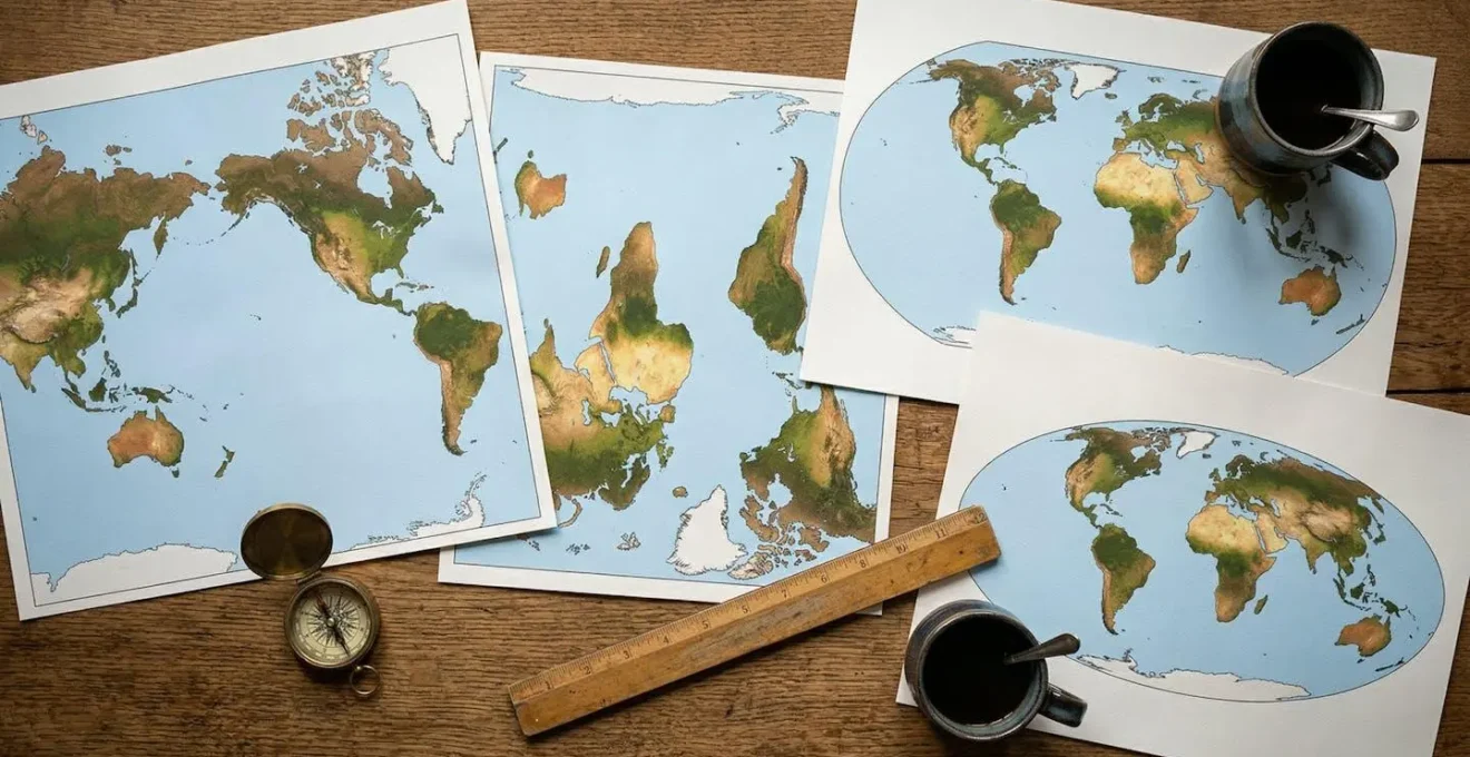 Vue aérienne d'une table d'étude avec plusieurs cartes du monde montrant différentes projections cartographiques côte à côte
