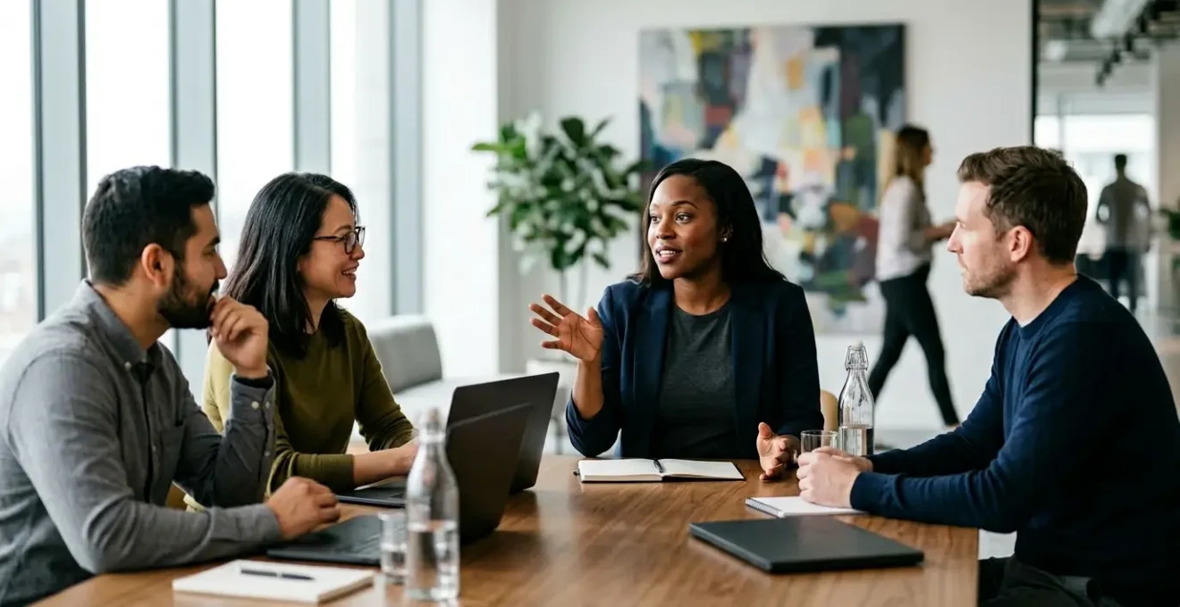 Professionnels en reconversion échangeant sur leurs compétences transversales lors d'un atelier collaboratif