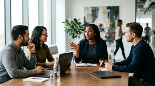 Professionnels en reconversion échangeant sur leurs compétences transversales lors d'un atelier collaboratif