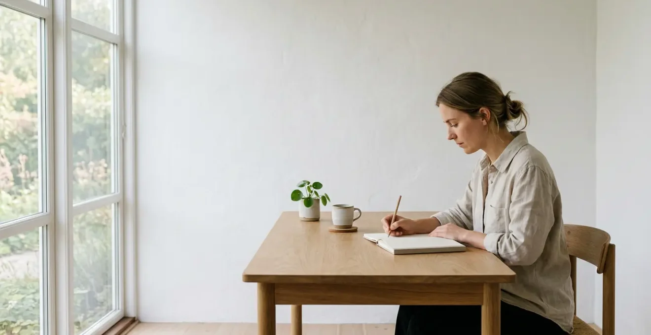 Personne concentrée travaillant dans un espace minimaliste baigné de lumière naturelle
