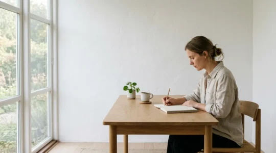 Personne concentrée travaillant dans un espace minimaliste baigné de lumière naturelle