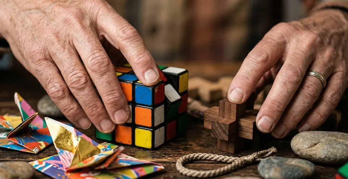 Mains âgées manipulant différents objets stimulants pour le cerveau, comme un puzzle et un Rubik's cube, illustrant la diversité des stimulations.