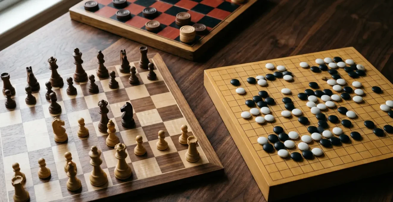 Plateaux d'échecs, de go et de dames disposés en triangle avec pièces caractéristiques