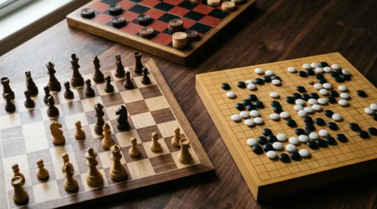 Plateaux d'échecs, de go et de dames disposés en triangle avec pièces caractéristiques