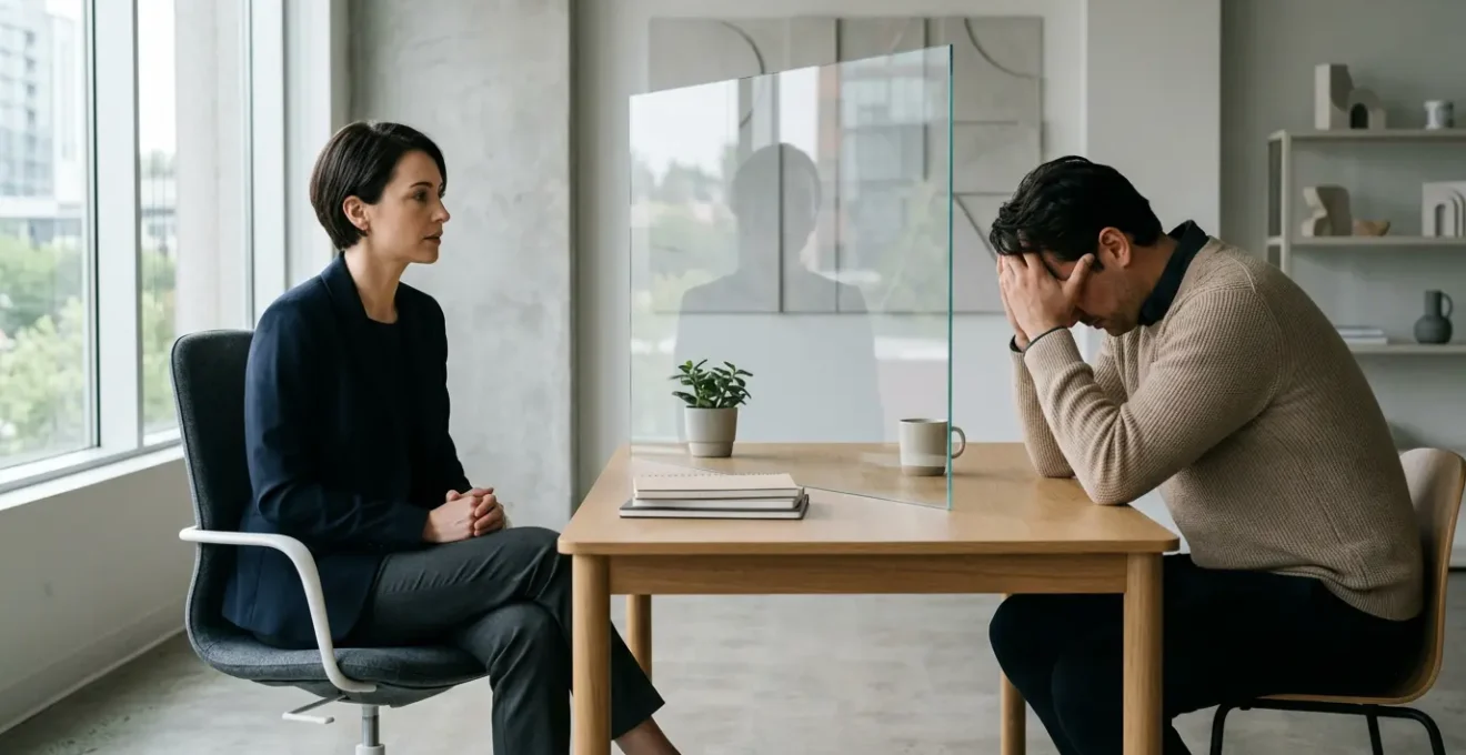 Personne calme et attentive face à une autre personne exprimant de l'émotion, séparées par une vitre transparente métaphorique