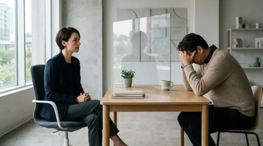 Personne calme et attentive face à une autre personne exprimant de l'émotion, séparées par une vitre transparente métaphorique