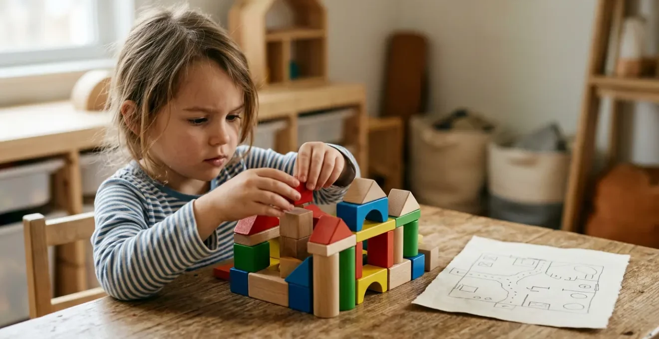 Enfant manipulant des blocs de construction colorés avec une carte simple dessinée à proximité