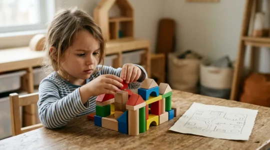 Enfant manipulant des blocs de construction colorés avec une carte simple dessinée à proximité