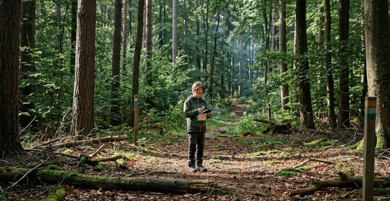 Enfant en pleine nature consultant une carte d'orientation avec une boussole
