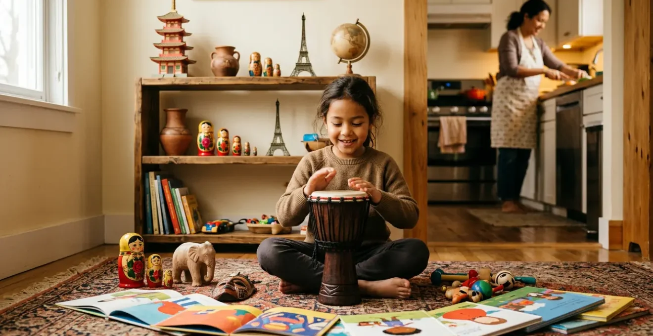 Enfant explorant des objets culturels variés dans un environnement familial chaleureux