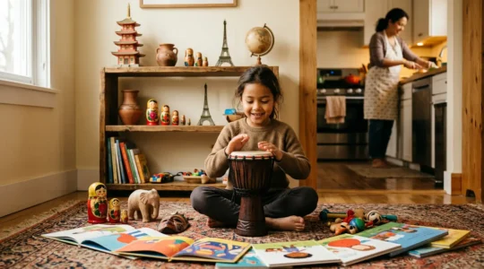 Enfant explorant des objets culturels variés dans un environnement familial chaleureux