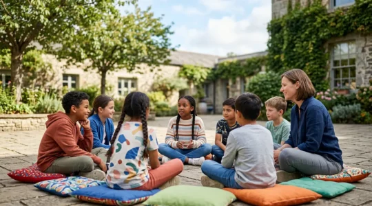 Cercle d'enfants en discussion bienveillante dans une cour d'école avec un adulte médiateur