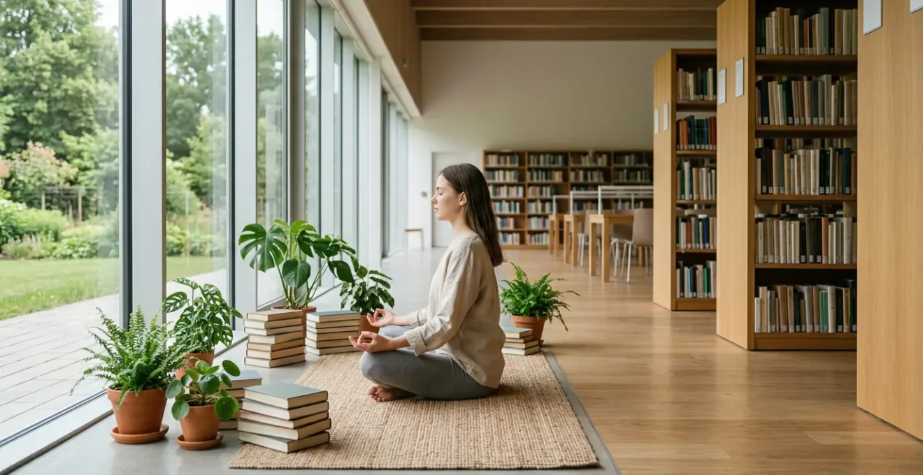 Étudiant en méditation dans une bibliothèque lumineuse avec livres et plantes vertes
