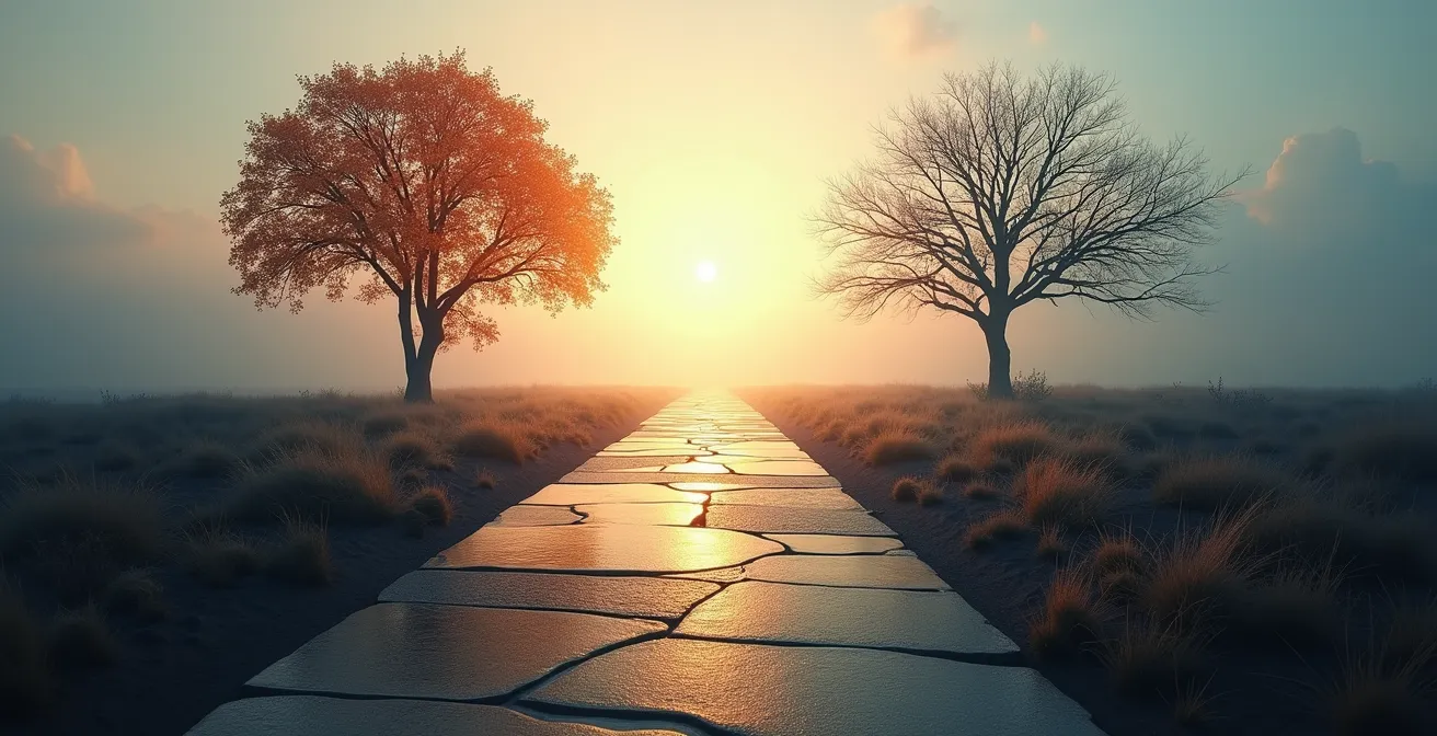 Composition symbolique montrant deux chemins divergents dans un paysage abstrait représentant l'équilibre entre optimisation et exploration