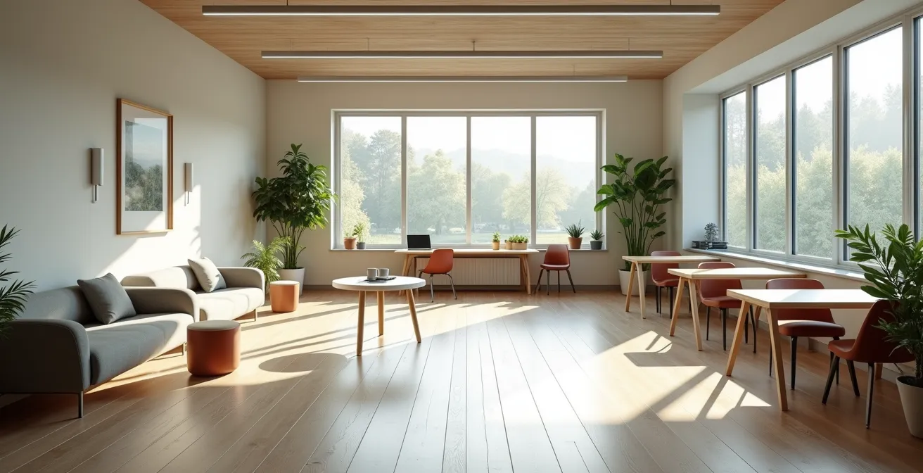 Salle de formation épurée avec espaces modulables créant une atmosphère apaisante