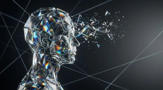 Composition visuelle abstraite représentant l'analyse critique de l'information à travers des formes géométriques et des jeux de lumière