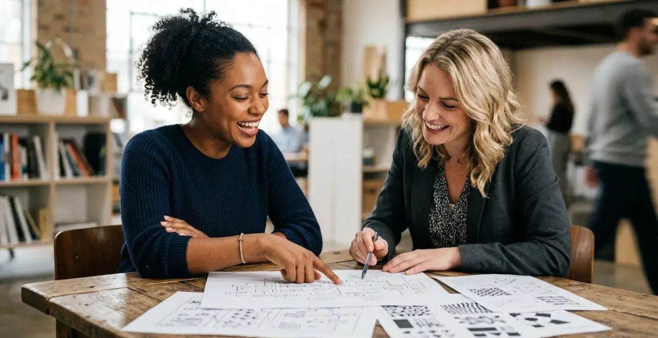Expert métier collaborant avec un concepteur pédagogique autour d'une table de travail
