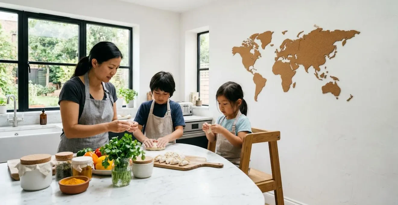 Famille préparant ensemble des plats de différentes cultures dans une cuisine lumineuse